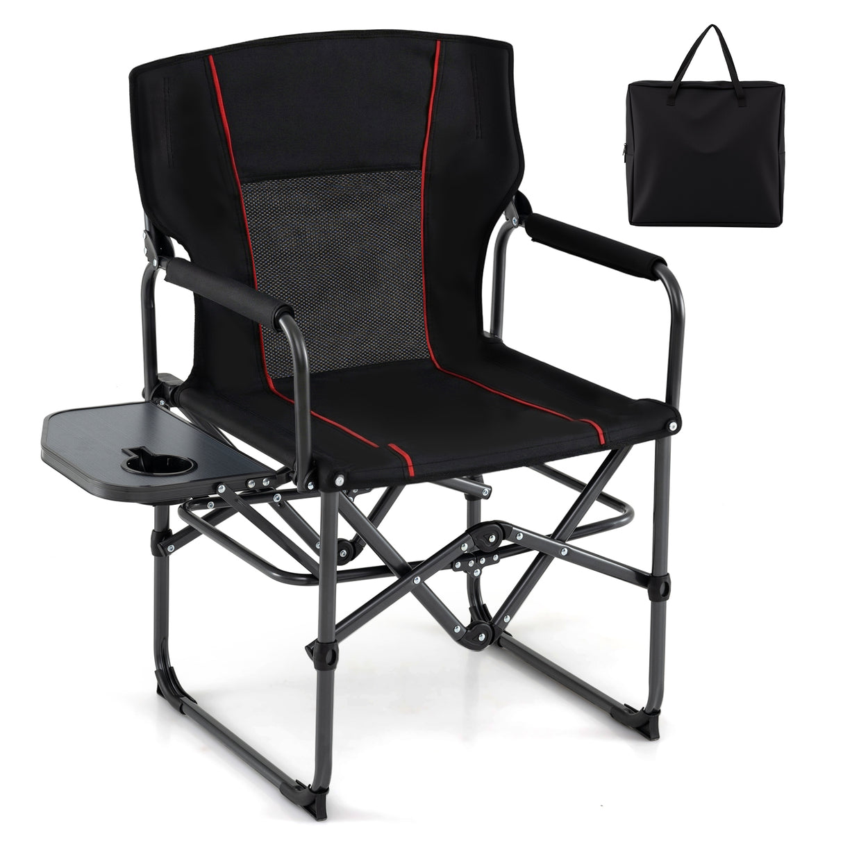 Folding Camping Chair with Side Table and Cup Holder with Carrying Bag-Black