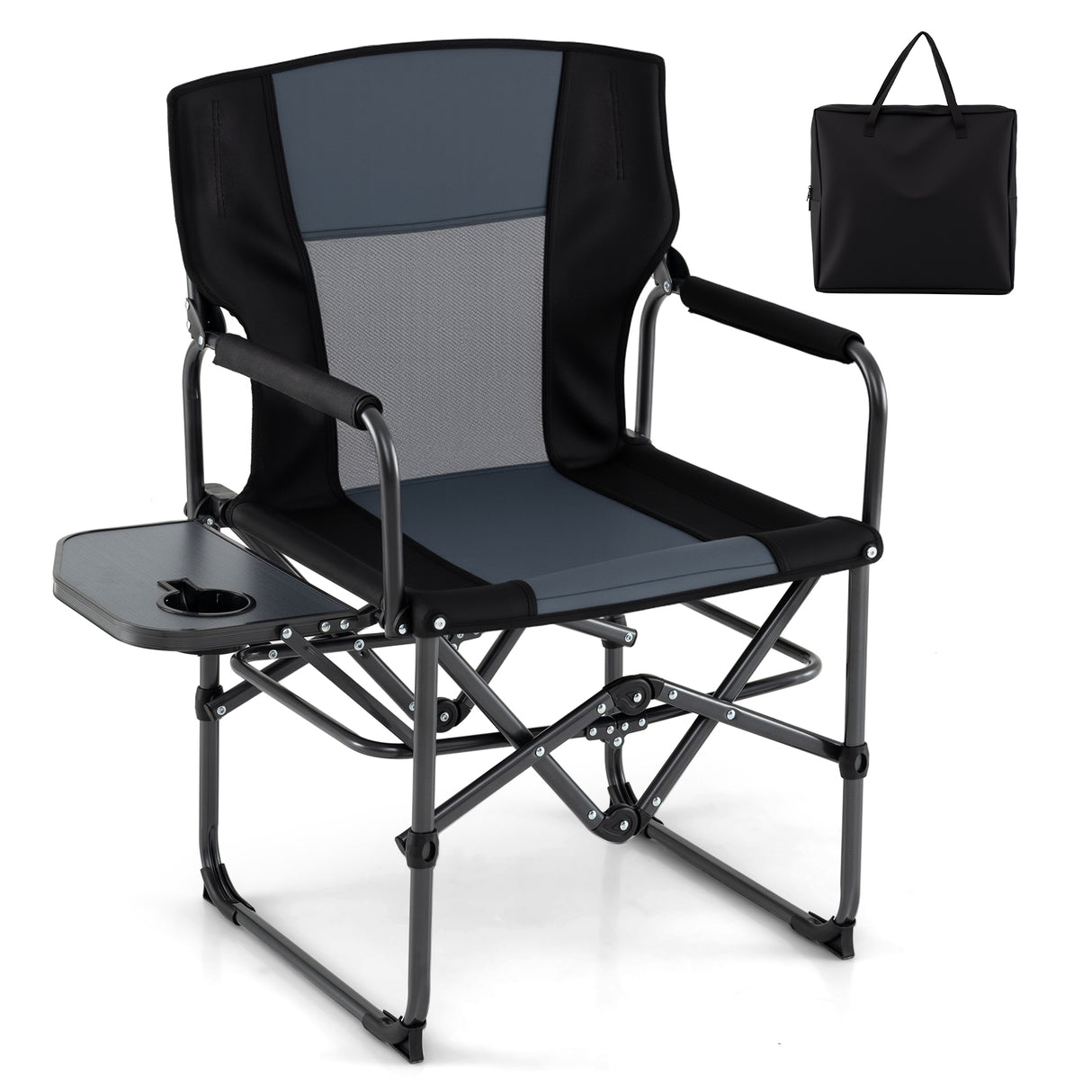Folding Camping Chair with Side Table and Cup Holder with Carrying Bag-Black & Gray