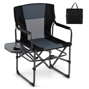 Folding Camping Chair with Side Table and Cup Holder with Carrying Bag-Black & Gray