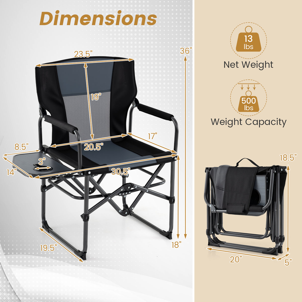 Folding Camping Chair with Side Table and Cup Holder with Carrying Bag-Black & Gray