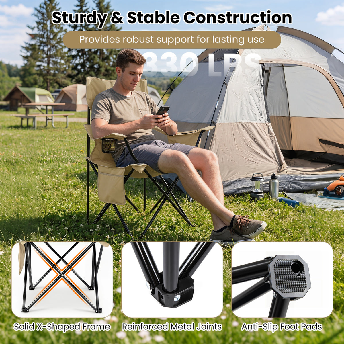 Folding Camping Chair with Mesh Fabric Backrest Solid Metal Frame and Carrying Bag-Green