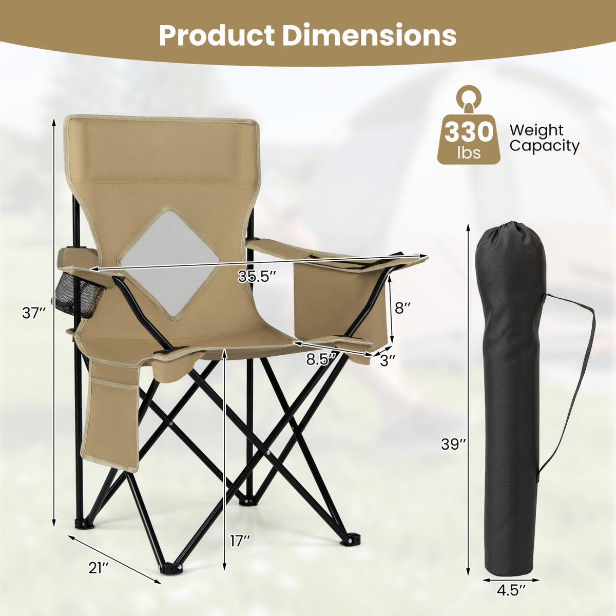 Folding Camping Chair with Mesh Fabric Backrest Solid Metal Frame and Carrying Bag-Green