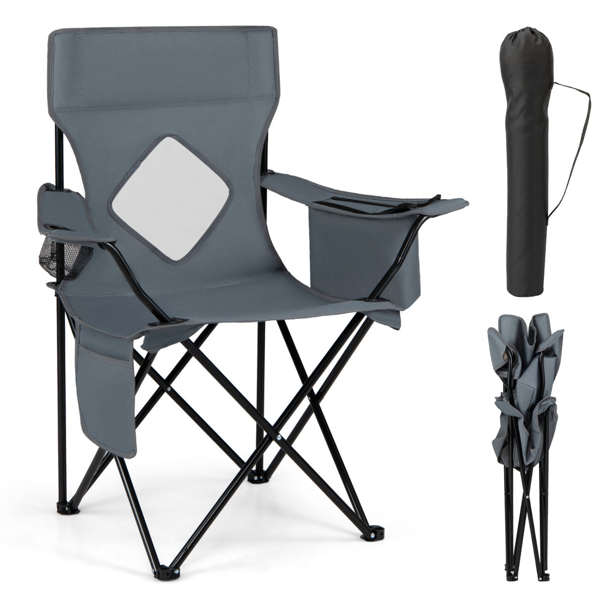 Folding Camping Chair with Mesh Fabric Backrest Solid Metal Frame and Carrying Bag-Gray