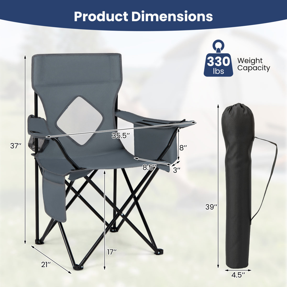 Folding Camping Chair with Mesh Fabric Backrest Solid Metal Frame and Carrying Bag-Gray