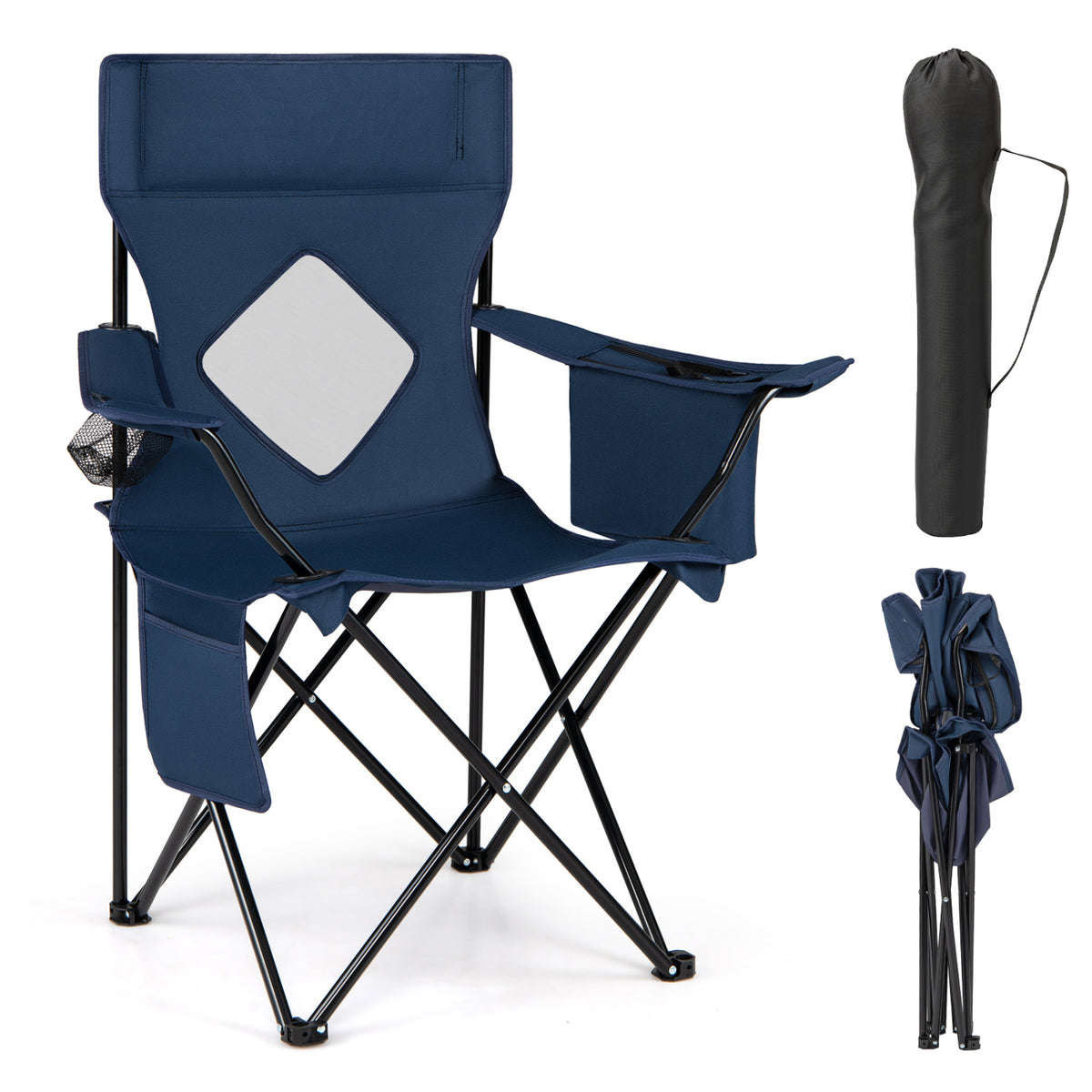Folding Camping Chair with Mesh Fabric Backrest Solid Metal Frame and Carrying Bag-Blue