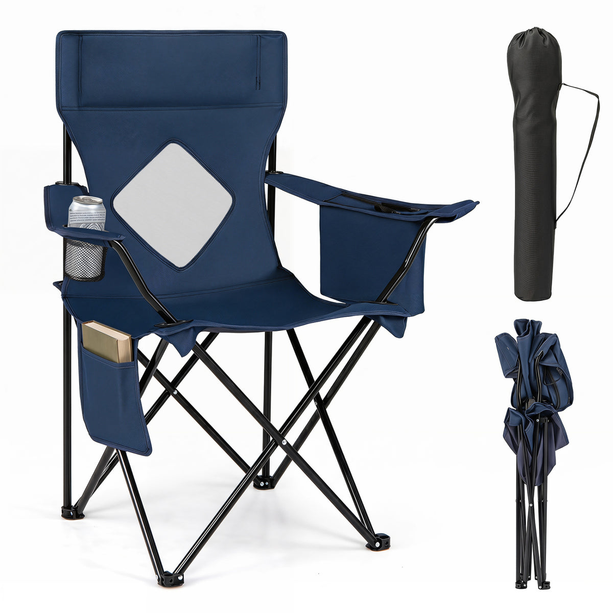 Folding Camping Chair with Mesh Fabric Backrest Solid Metal Frame and Carrying Bag-Blue