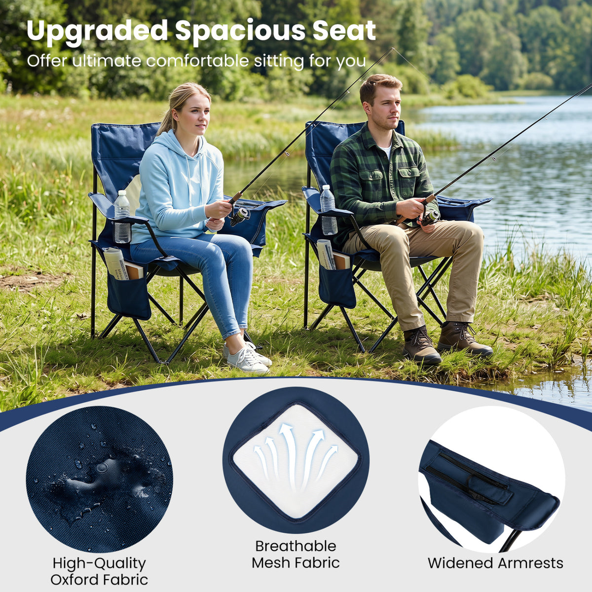 Folding Camping Chair with Mesh Fabric Backrest Solid Metal Frame and Carrying Bag-Blue