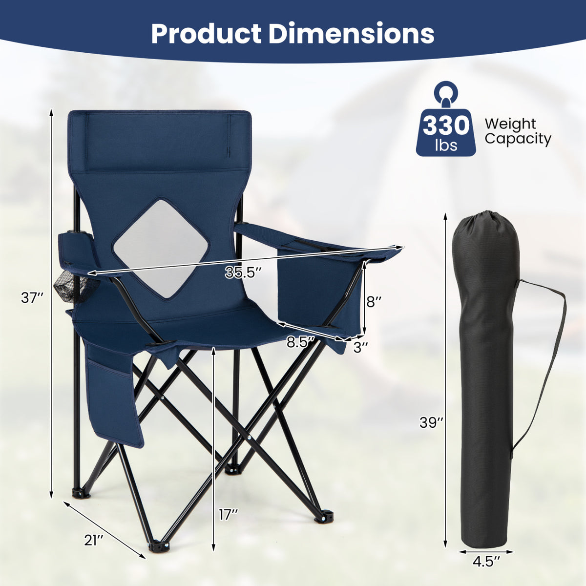 Folding Camping Chair with Mesh Fabric Backrest Solid Metal Frame and Carrying Bag-Blue