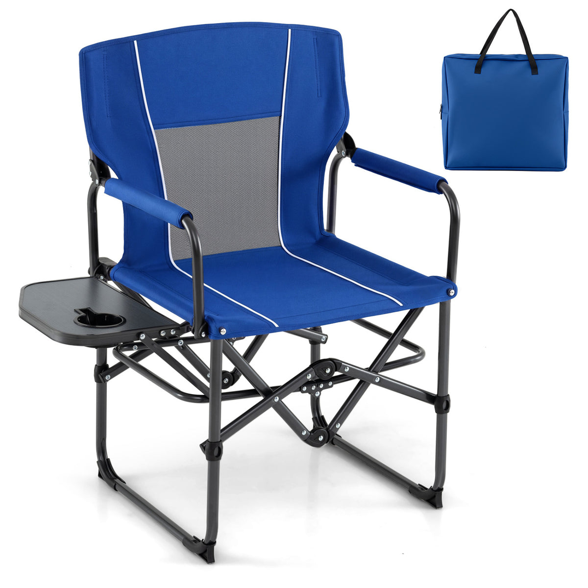 Folding Camping Chair with Side Table and Cup Holder with Carrying Bag-Navy