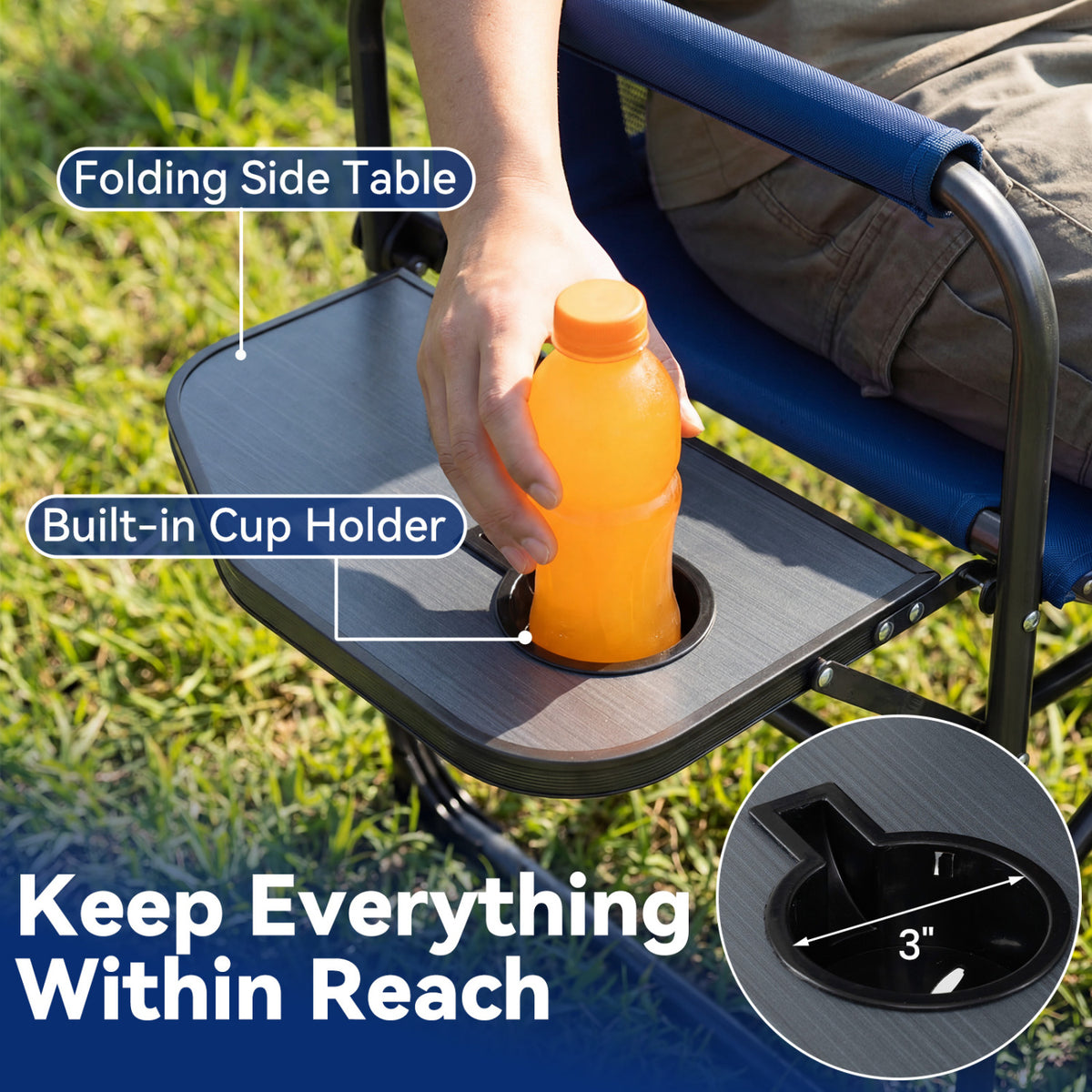 Folding Camping Chair with Side Table and Cup Holder with Carrying Bag-Navy