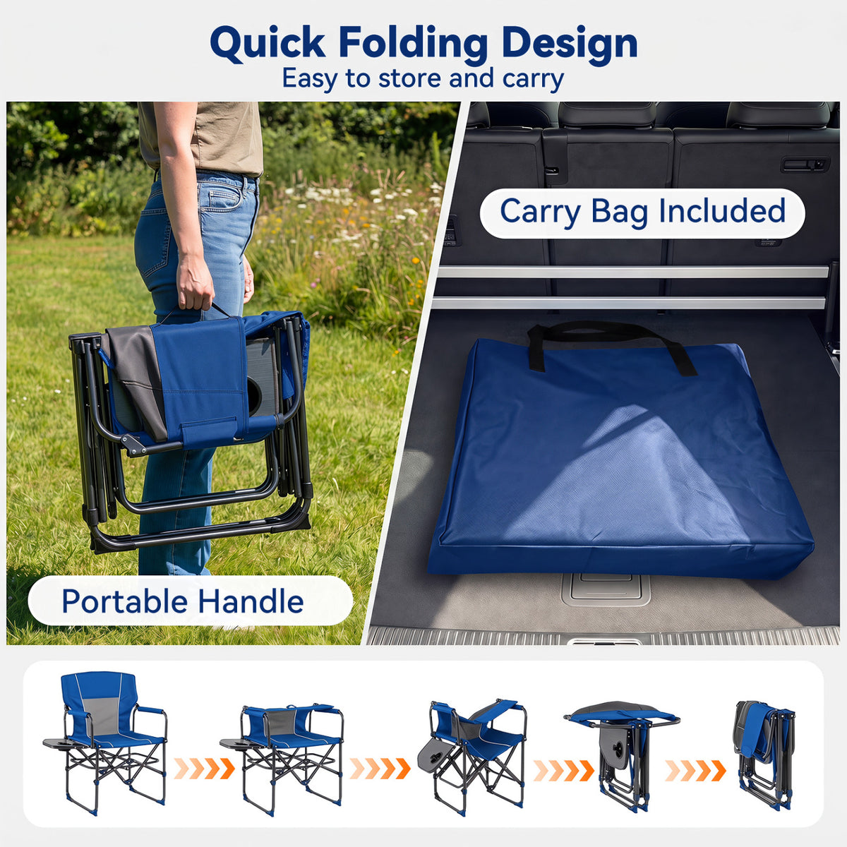 Folding Camping Chair with Side Table and Cup Holder with Carrying Bag-Navy