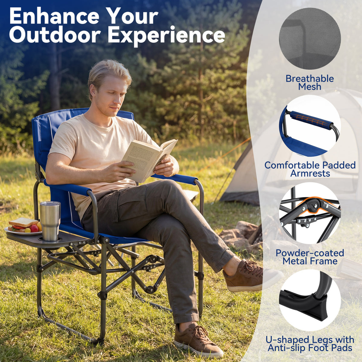 Folding Camping Chair with Side Table and Cup Holder with Carrying Bag-Navy