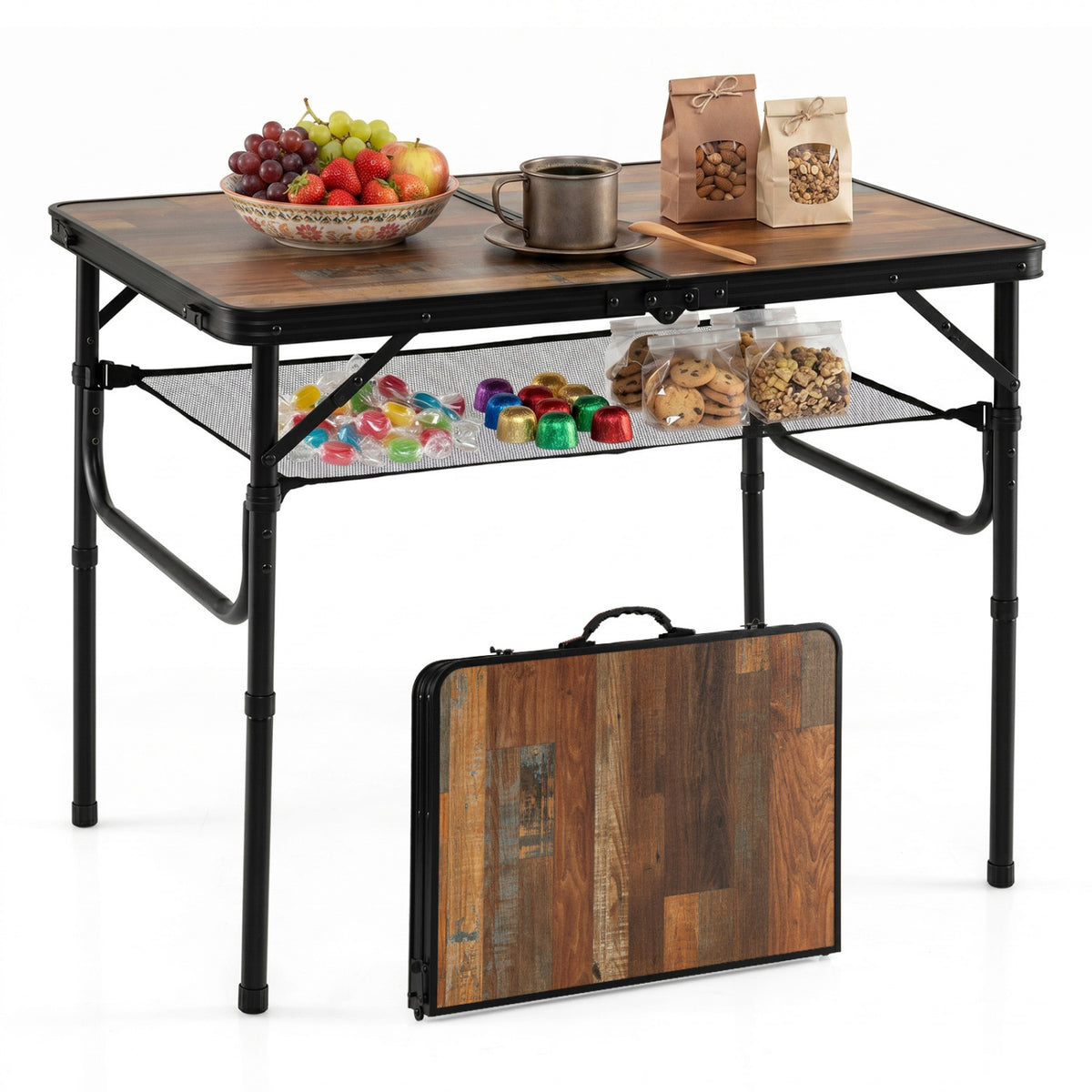 Folding Camping Table with Adjustable Heights Storage Net & Handle-Black & Brown
