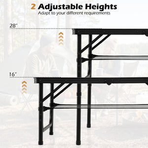 Folding Camping Table with Adjustable Heights Storage Net & Handle-Black & Brown