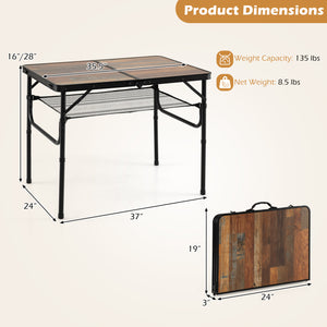 Folding Camping Table with Adjustable Heights Storage Net & Handle-Black & Brown