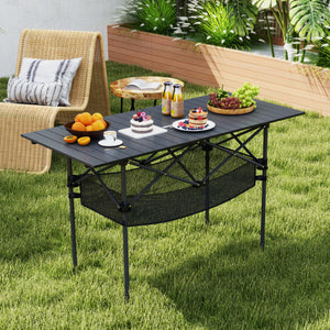 Patio Folding Camping Table with Roll-up Tabletop and Mesh Basket-Black