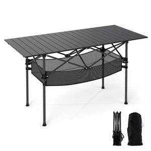 Patio Folding Camping Table with Roll-up Tabletop and Mesh Basket-Black