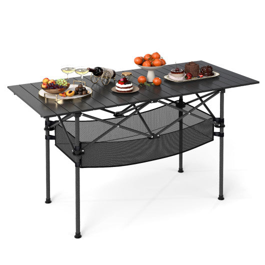 Patio Folding Camping Table with Roll-up Tabletop and Mesh Basket-Black