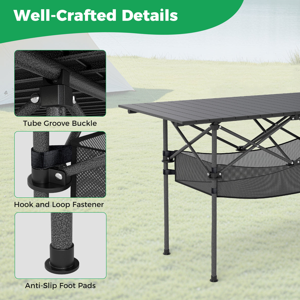 Patio Folding Camping Table with Roll-up Tabletop and Mesh Basket-Black