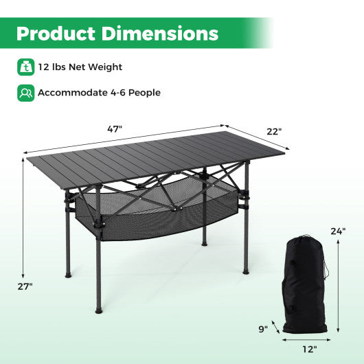 Patio Folding Camping Table with Roll-up Tabletop and Mesh Basket-Black