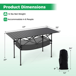 Patio Folding Camping Table with Roll-up Tabletop and Mesh Basket-Black