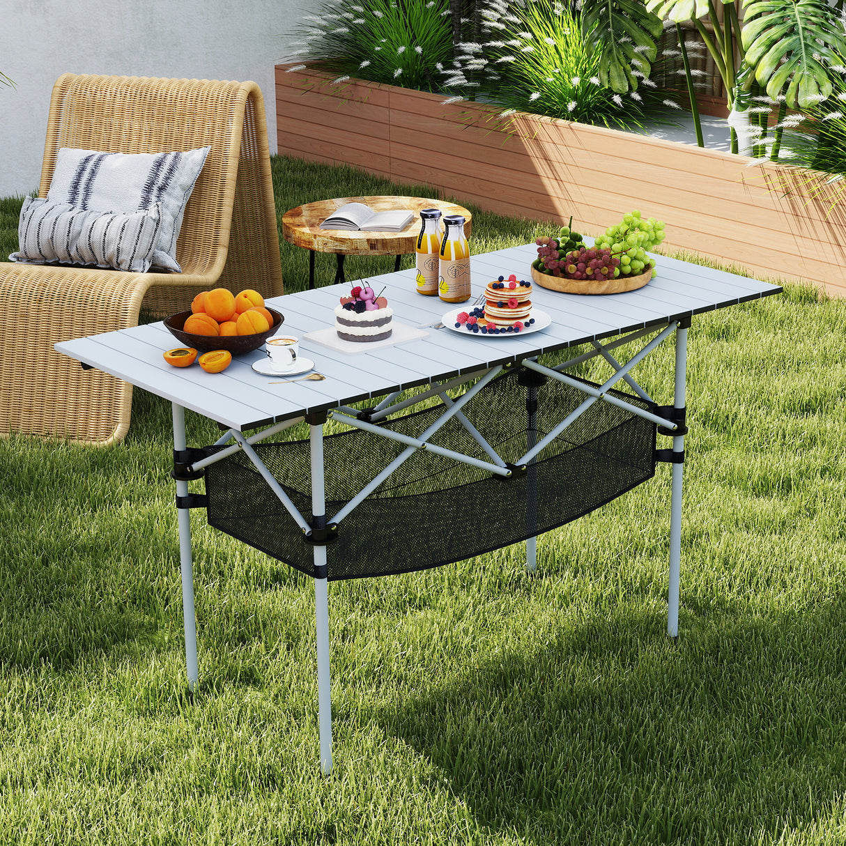 Patio Folding Camping Table with Roll-up Tabletop and Mesh Basket-Silver