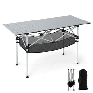 Patio Folding Camping Table with Roll-up Tabletop and Mesh Basket-Silver