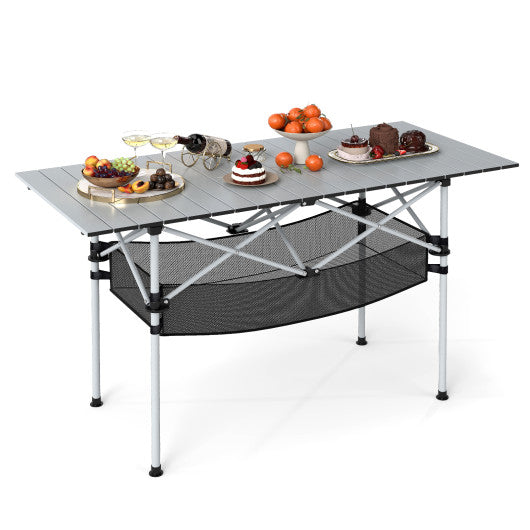 Patio Folding Camping Table with Roll-up Tabletop and Mesh Basket-Silver