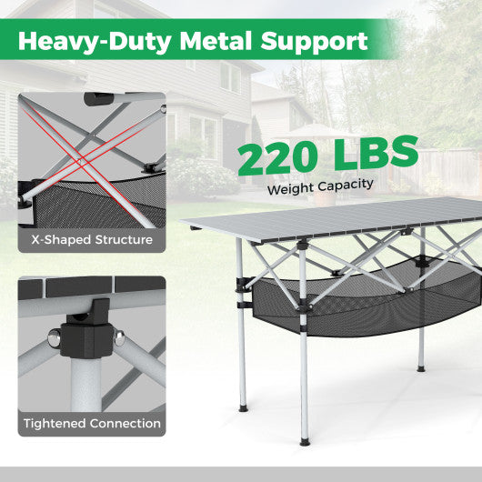 Patio Folding Camping Table with Roll-up Tabletop and Mesh Basket-Black