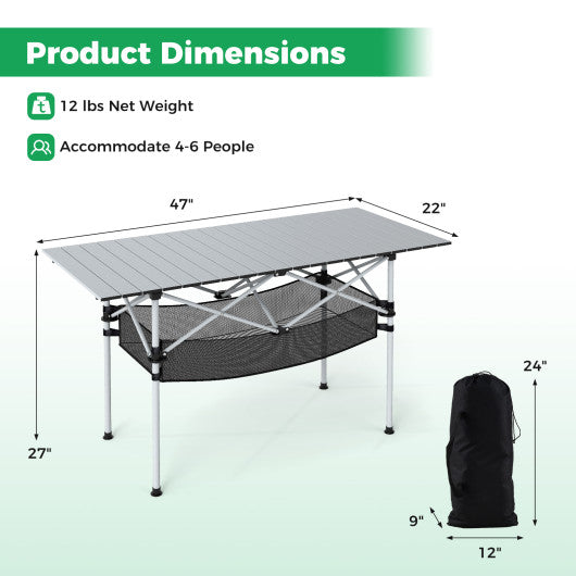 Patio Folding Camping Table with Roll-up Tabletop and Mesh Basket-Silver