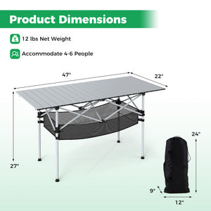 Patio Folding Camping Table with Roll-up Tabletop and Mesh Basket-Silver