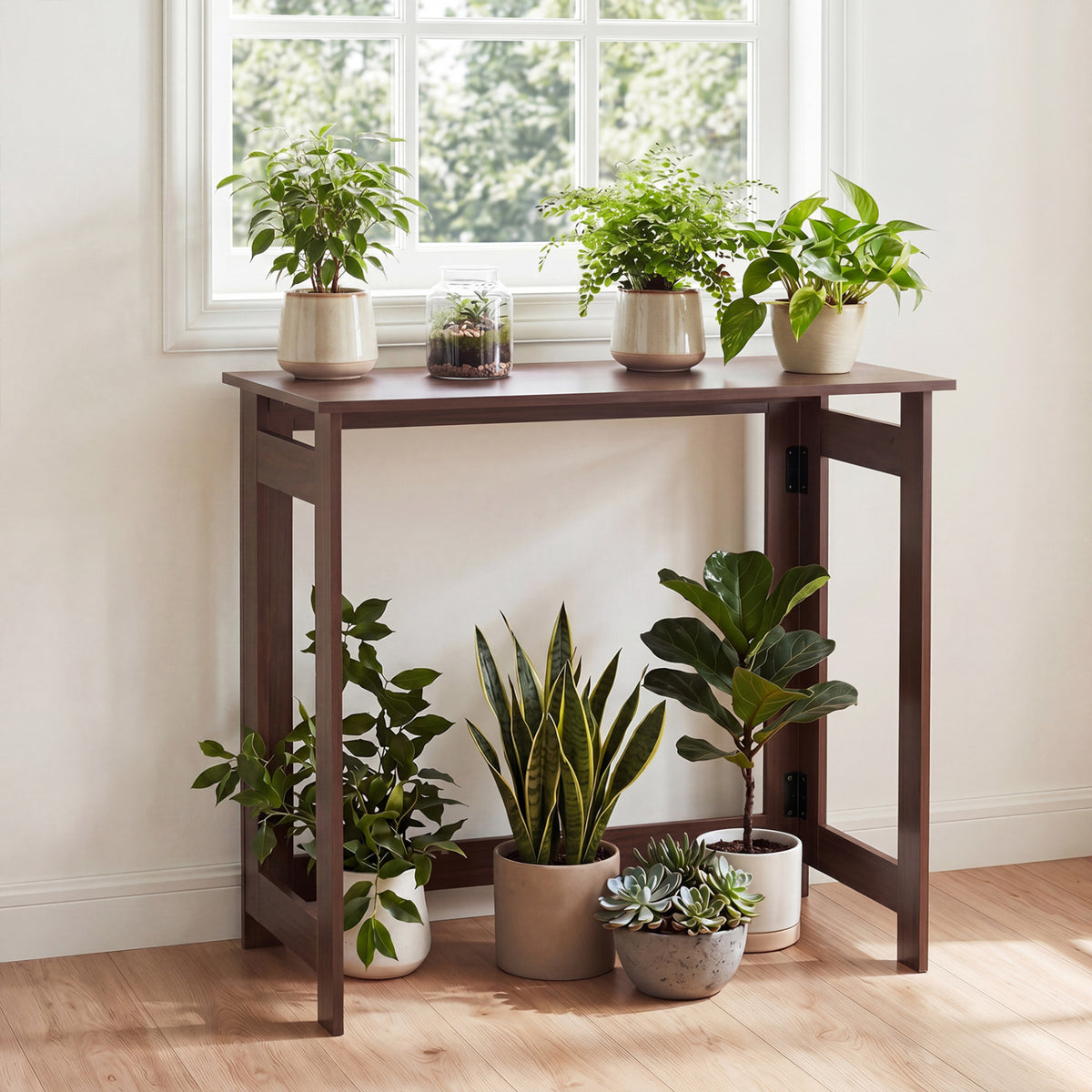 Folding Console Table with Foldable Legs-Brown