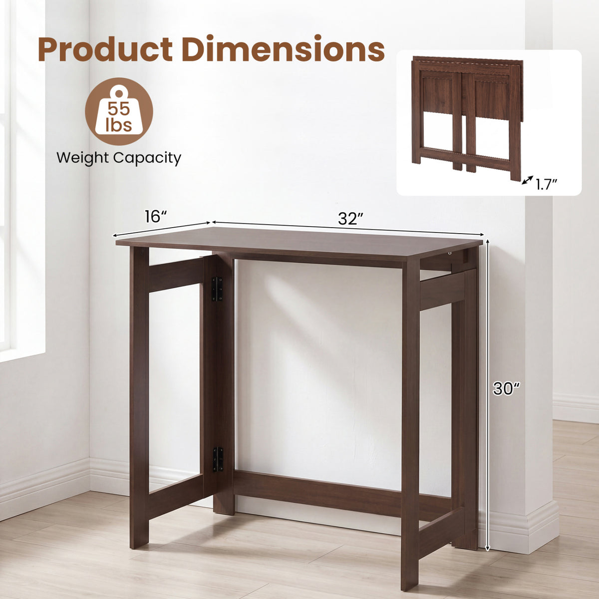 Folding Console Table with Foldable Legs-Brown