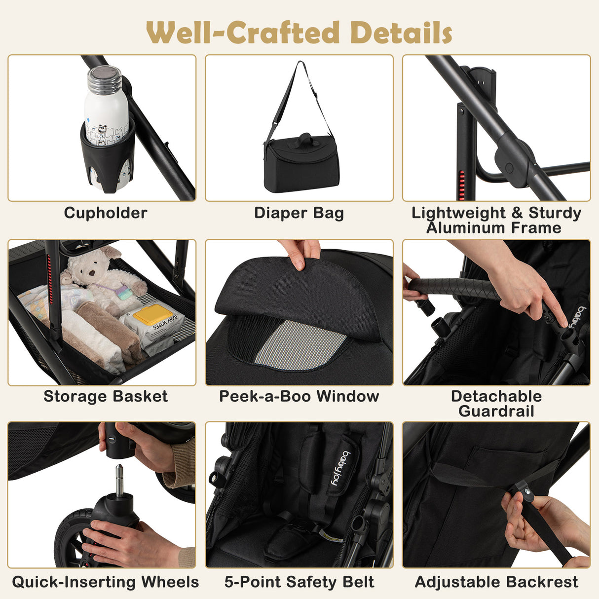 3-in-1 Folding Convertible Newborn Stroller with Detachable Bassinet-Black