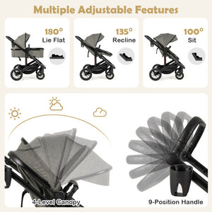 3-in-1 Folding Convertible Newborn Stroller with Detachable Bassinet-Gray