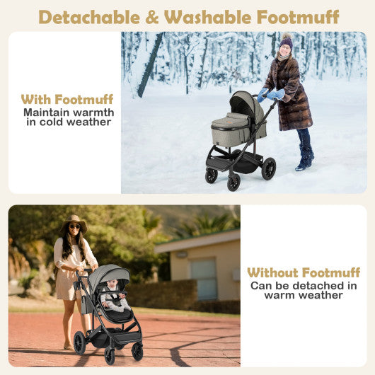 3-in-1 Folding Convertible Newborn Stroller with Detachable Bassinet-Black