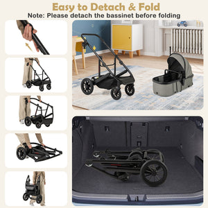 3-in-1 Folding Convertible Newborn Stroller with Detachable Bassinet-Gray