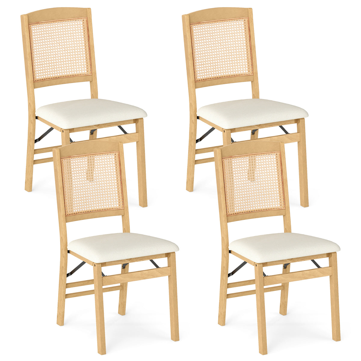 Folding Dining Chairs Set of 4 Rubber Wood Chairs with Linen Padded Seat-Natural