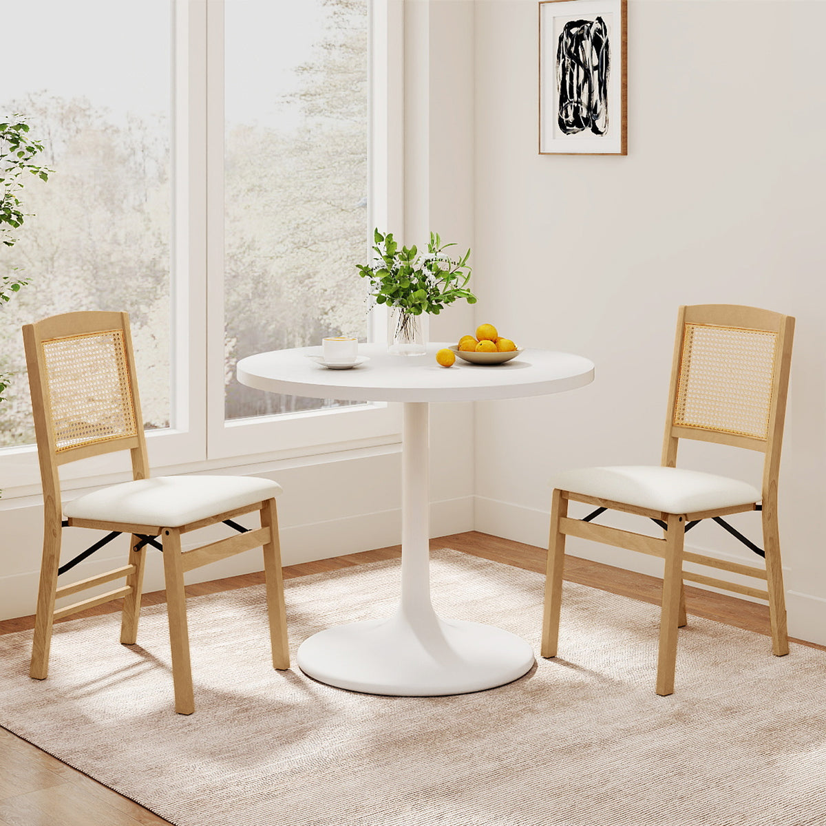 Folding Dining Chairs Set of 4 Rubber Wood Chairs with Linen Padded Seat-Natural