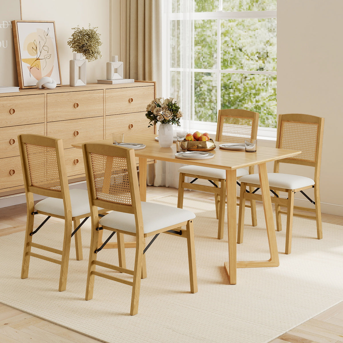 Folding Dining Chairs Set of 4 Rubber Wood Chairs with Linen Padded Seat-Natural