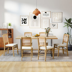 Folding Dining Chairs Set of 4 Rubber Wood Chairs with Linen Padded Seat-Natural
