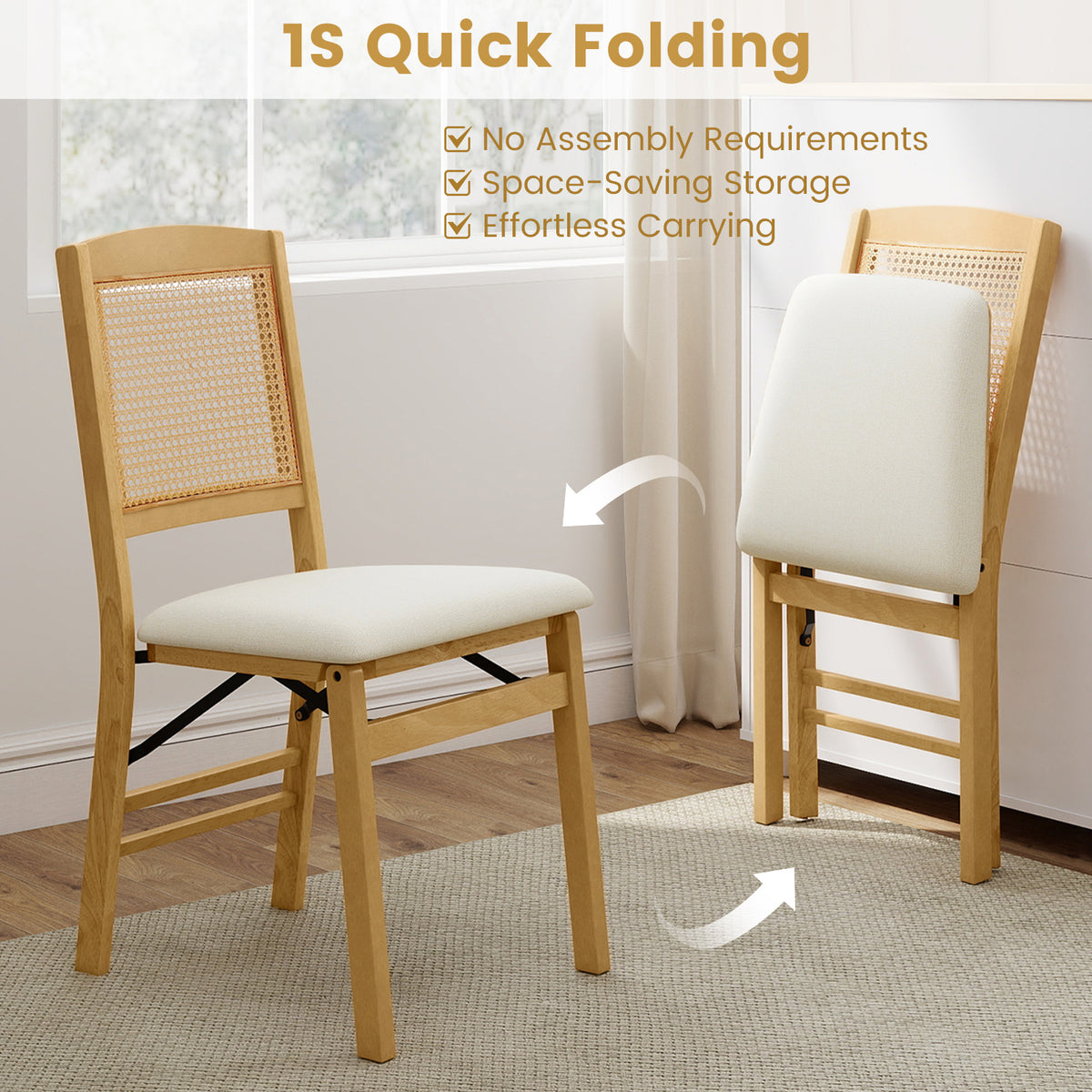 Folding Dining Chairs Set of 4 Rubber Wood Chairs with Linen Padded Seat-Natural