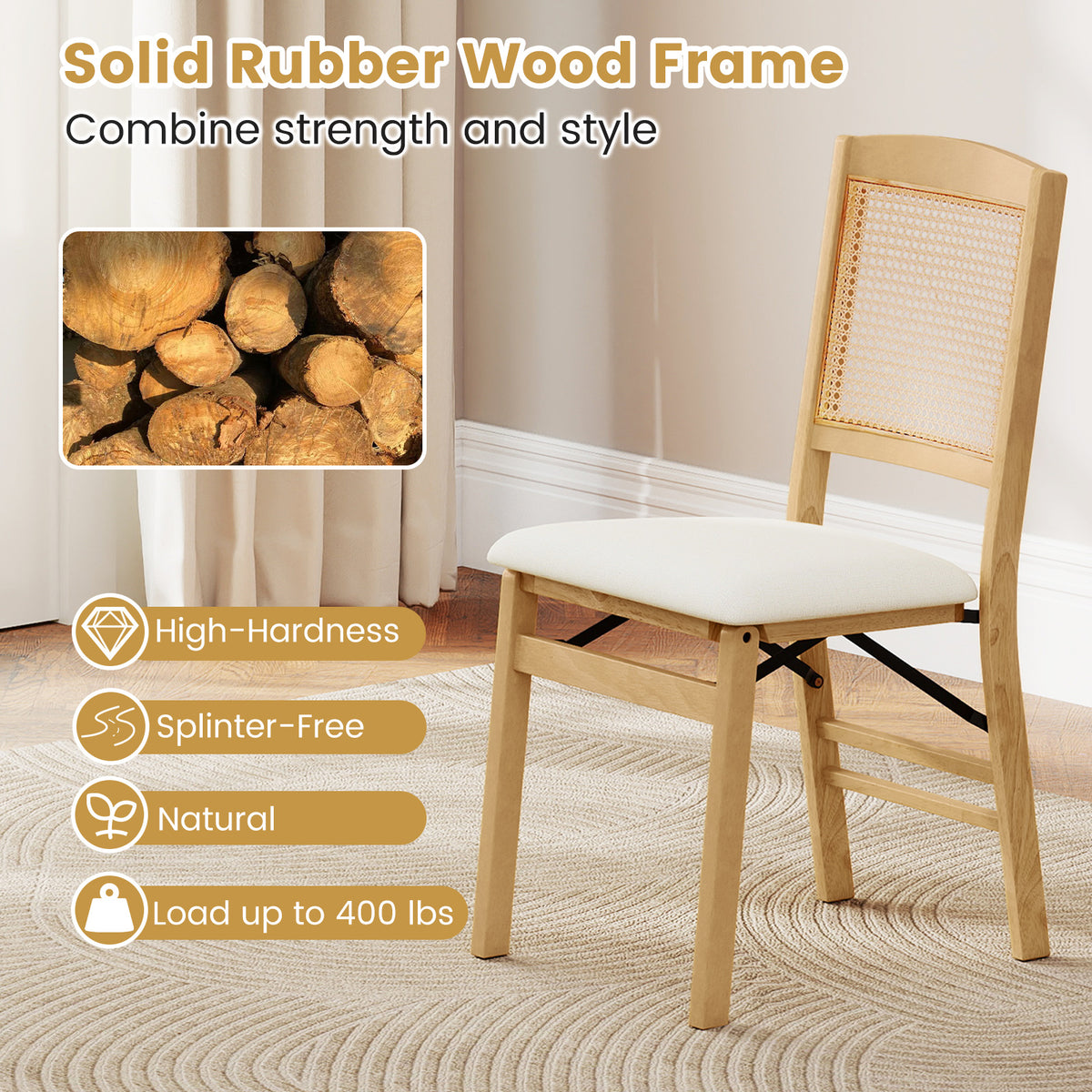 Folding Dining Chairs Set of 4 Rubber Wood Chairs with Linen Padded Seat-Natural