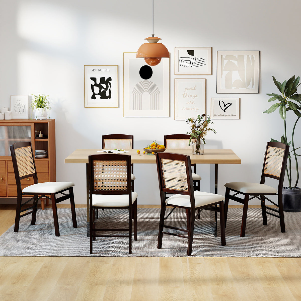 Folding Dining Chairs Set of 4 Rubber Wood Chairs with Linen Padded Seat-Coffee