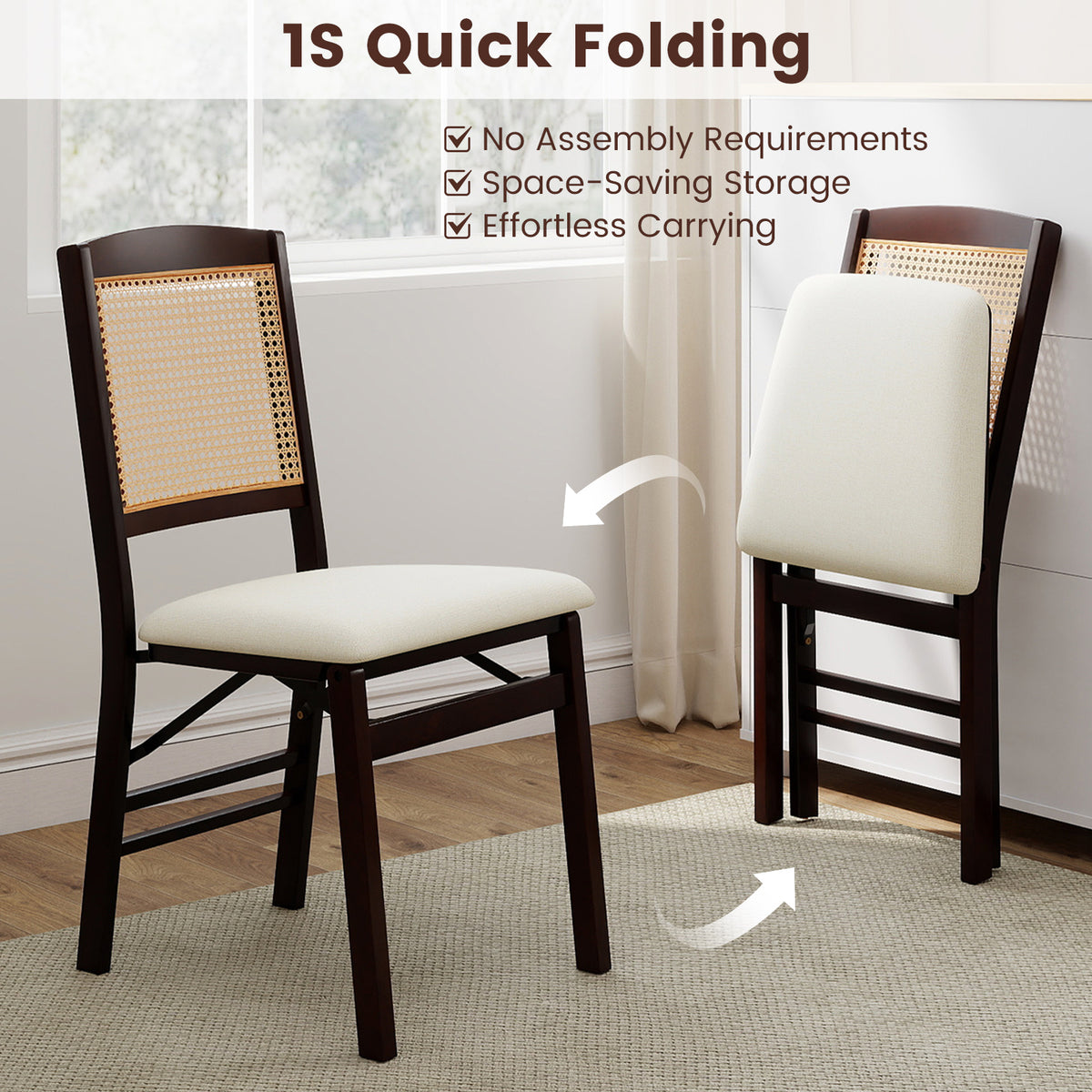 Folding Dining Chairs Set of 4 Rubber Wood Chairs with Linen Padded Seat-Coffee
