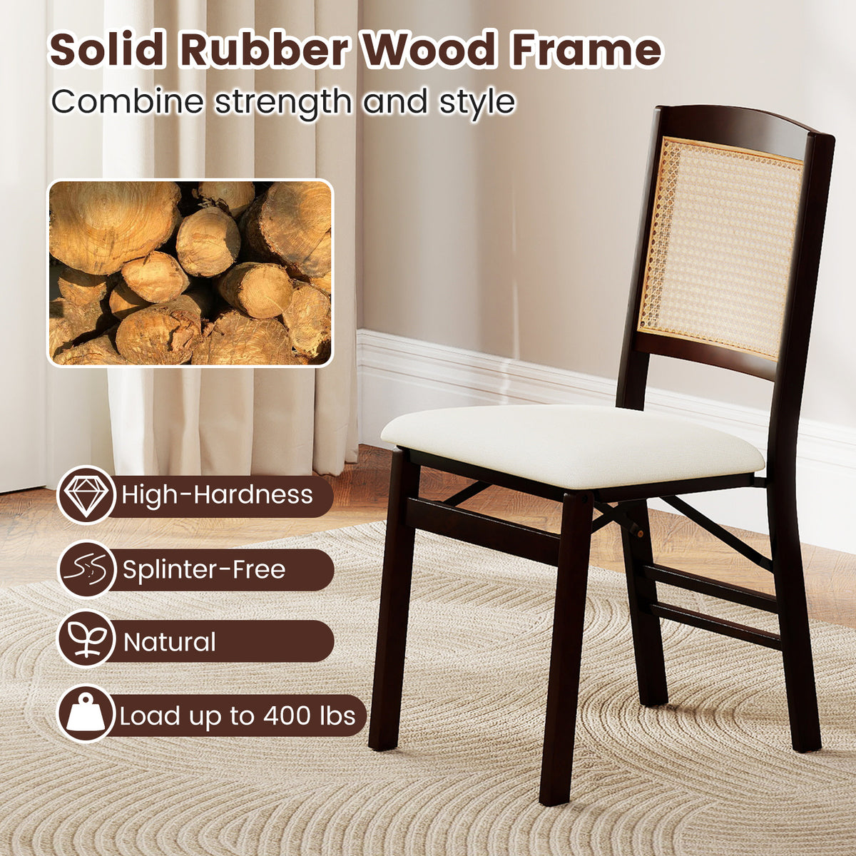 Folding Dining Chairs Set of 4 Rubber Wood Chairs with Linen Padded Seat-Coffee