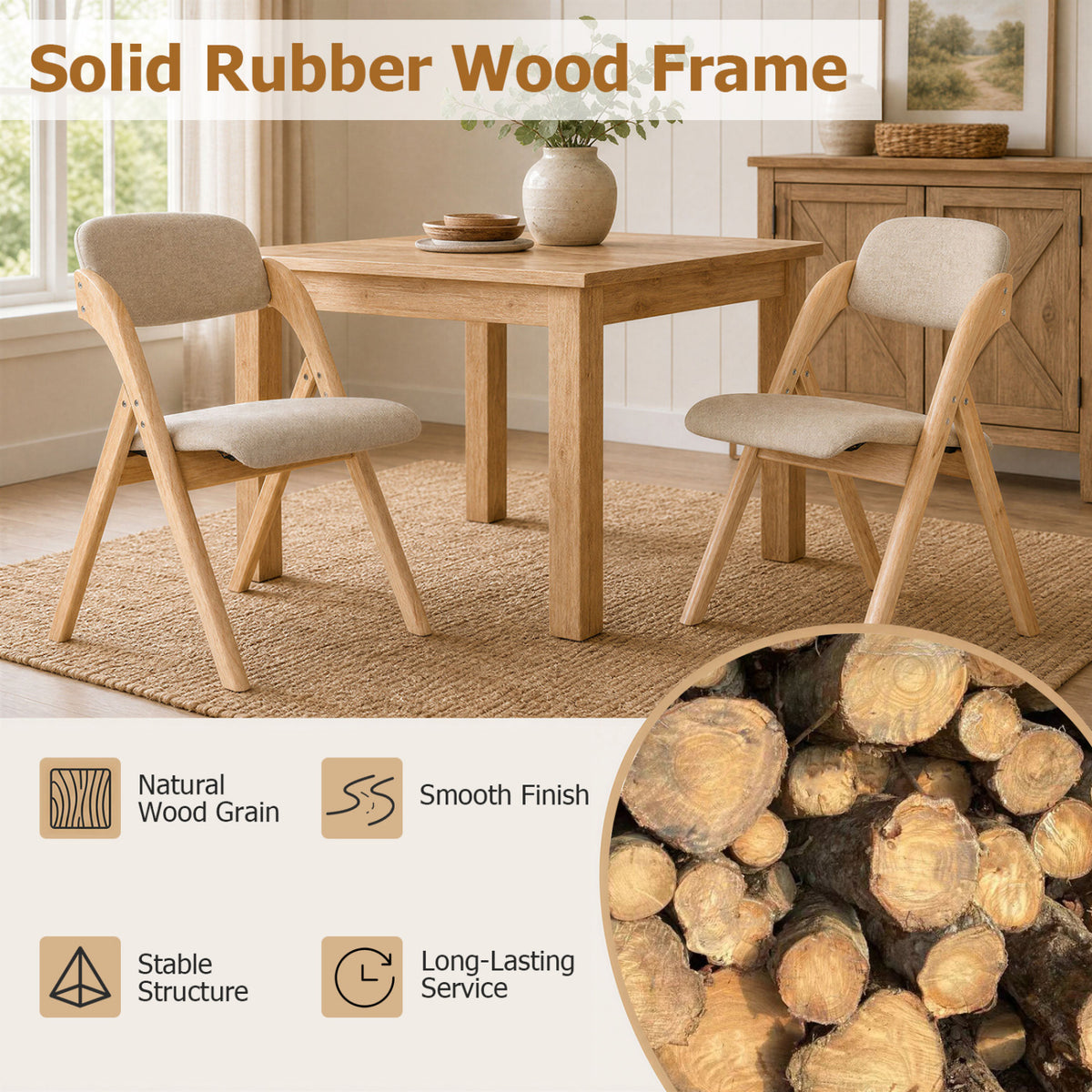 Folding Dining Chairs Set of 4 with Cushion-Beige
