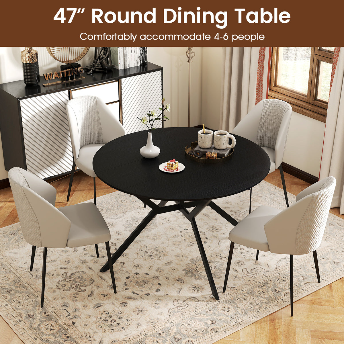 Folding Dining Table 47 Inch Extendable Round Kitchen Table with Drop Leaves-Black