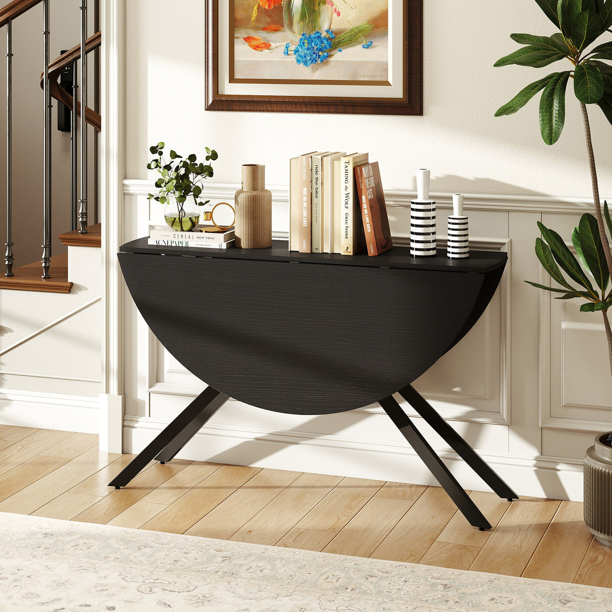 Folding Dining Table 47 Inch Extendable Round Kitchen Table with Drop Leaves-Black