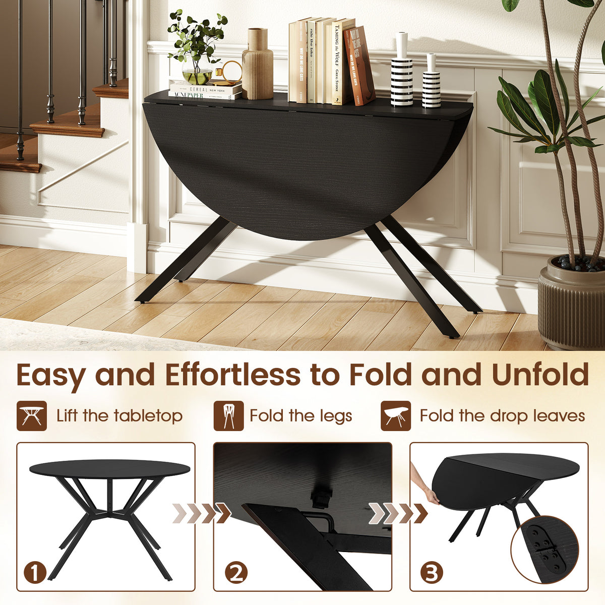 Folding Dining Table 47 Inch Extendable Round Kitchen Table with Drop Leaves-Black
